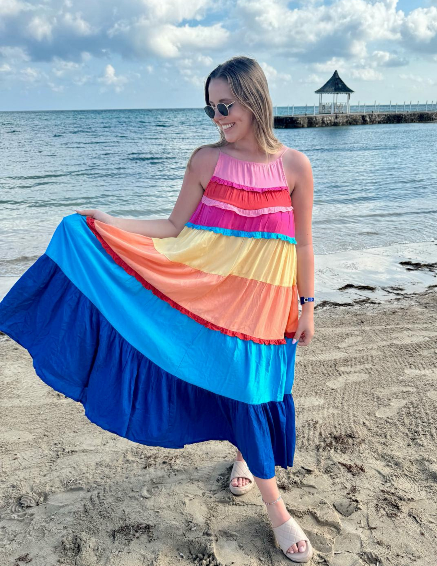 August Sleeveless Halter Neck Color Block Maxi Dress