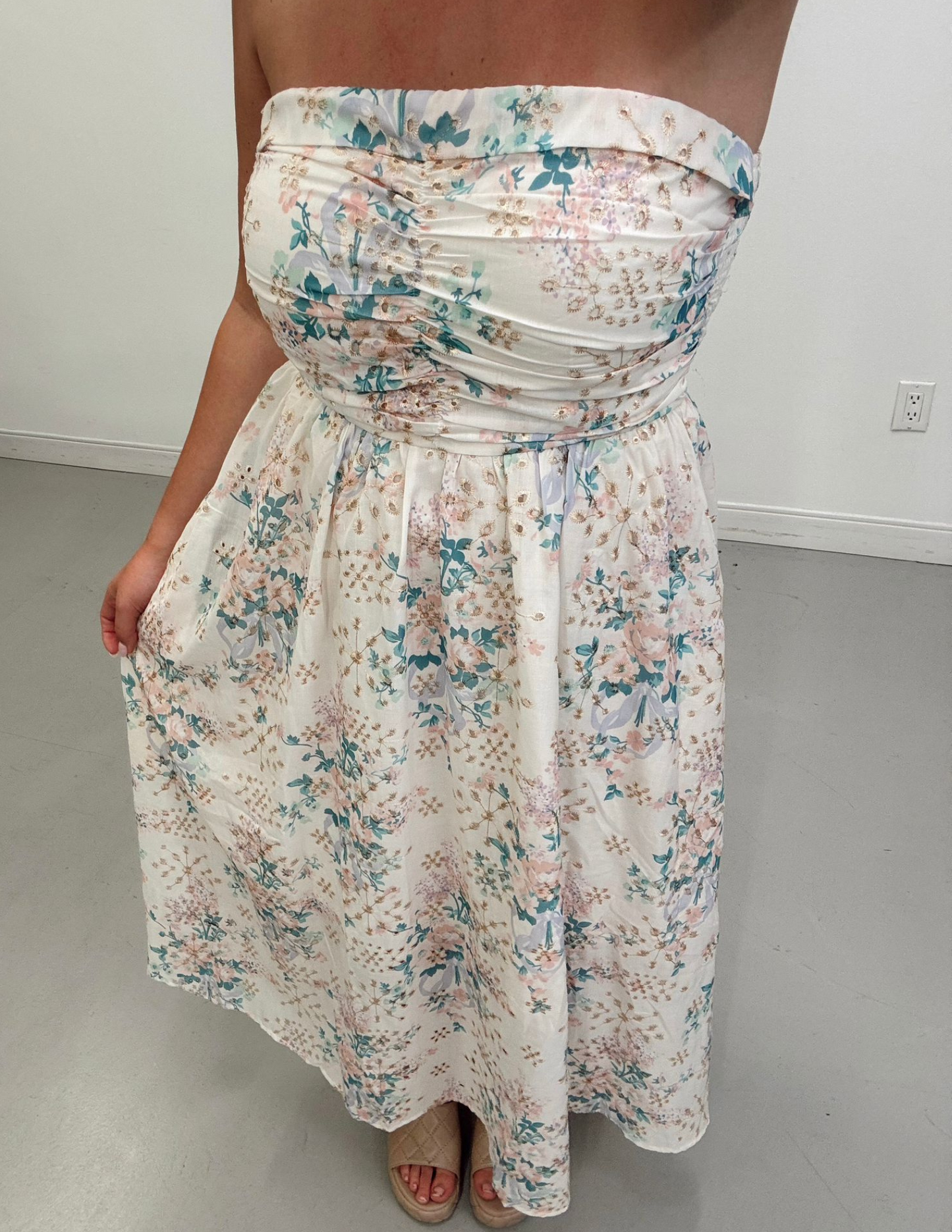 Magnolia Printed Eyelet Strapless Dress