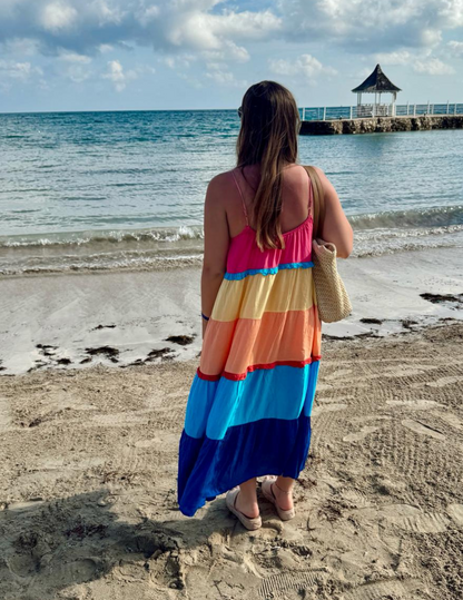 August Sleeveless Halter Neck Color Block Maxi Dress